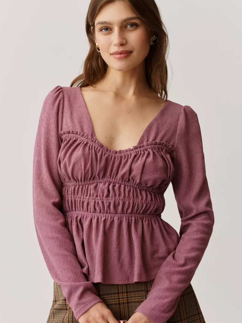 Anthropologie Maeve Long-Sleeve Smocked Top, Soft Mauve, XS